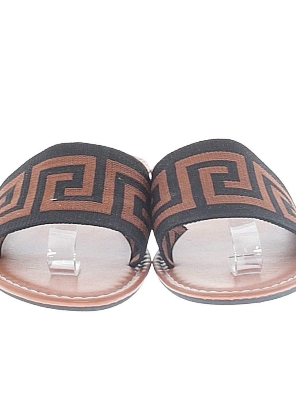 Woman’s Black and Brown Slide Sandals with Geometric Strap
